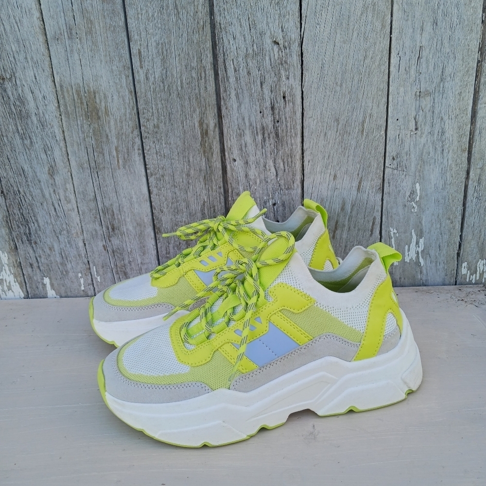 H&M‎ Womens Sz 6 Neon Green Highlighter Lace Up Chunky Style Trainers Sneaker